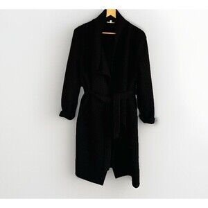 Easel Black Wool Blend Wrap Jacket Size L Coat Belted Pockets Textured Mid Lengt
